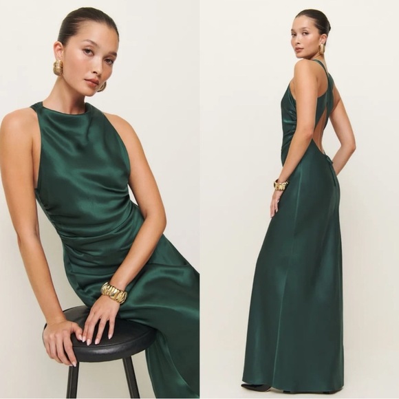🆕 REFORMATION Anaiis Silk Maxi Dress Forest Green Sz 2 - Picture 1 of 6